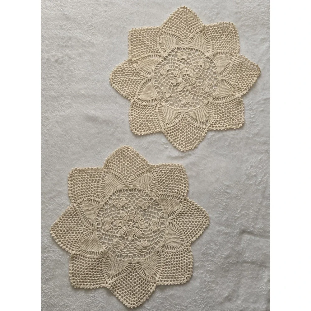 Vintage‎ Doily Crochet Handmade Pineapple Set 2 Beige Lace Table Topper 15